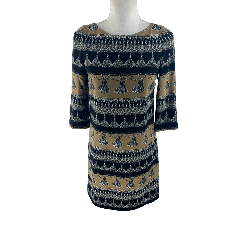 Max Mara Weekend Size 2 Tassel Printed Colorblock 3/4 Sleeve Shift Dress Short - Picture 3 of 8